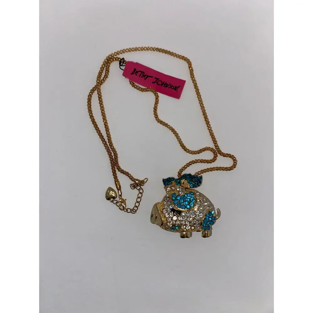 Betsey Johnson Crystal Pig Pendant Necklace NWT